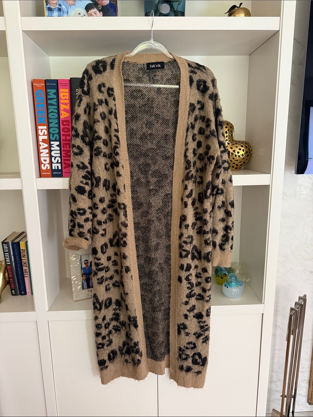 fab'rik Long Leopard Print Open Cardigan in Beige and Black